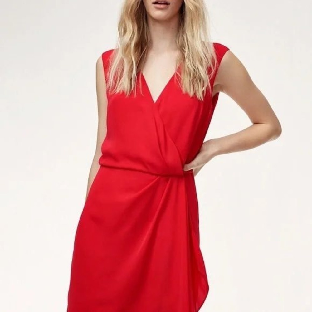 Aritzia Talula Moto Dress Goji Berry Red V-Neck Faux Wrap Mini Dress Size 0‎ NEW